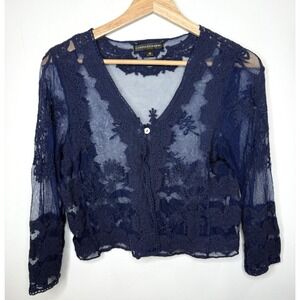 Y2K Chris McLaughlin‎ Lace Cardigan Womens M Blue Sheer Embroidered Boho Cottage